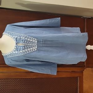ELLOS | Denim 3/4 Sleeve Peasant Tunic Top with Embroidery and Pockets - size 14